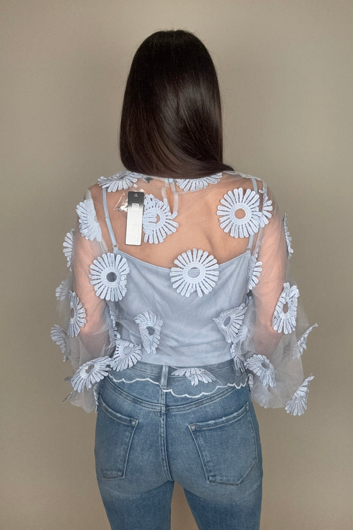 Style the Long Sleeve Floral Applique Tulle Top exclusively at Born To Glam