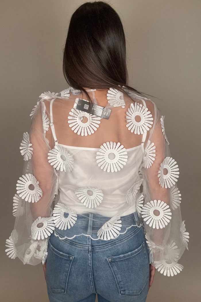 Style the Long Sleeve Floral Applique Tulle Top exclusively at Born To Glam