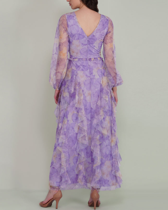 Long Sleeve Malin Tulle Maxi Dress in Blown Up Lilac Floral