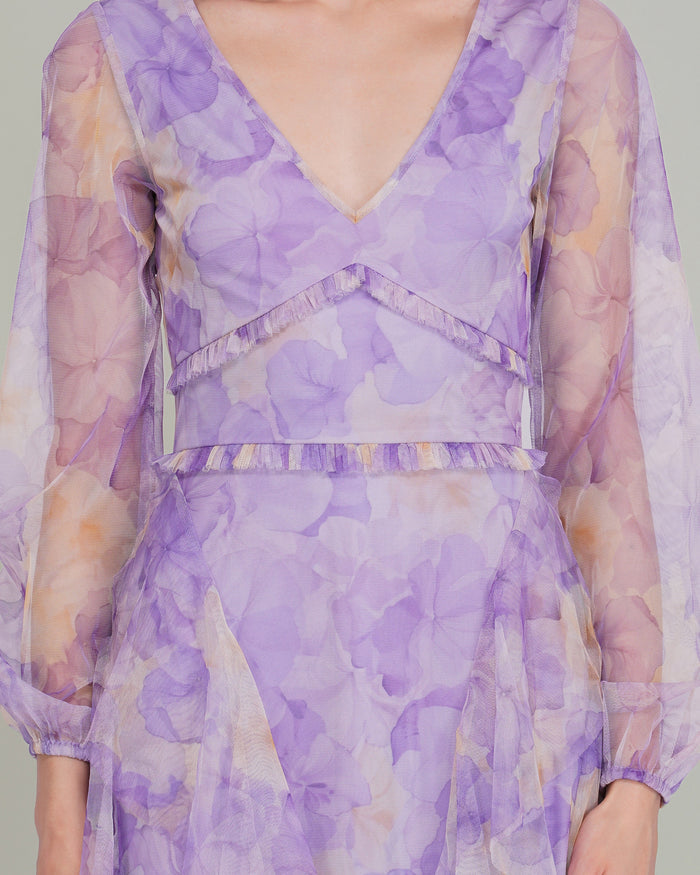Long Sleeve Malin Tulle Maxi Dress in Blown Up Lilac Floral