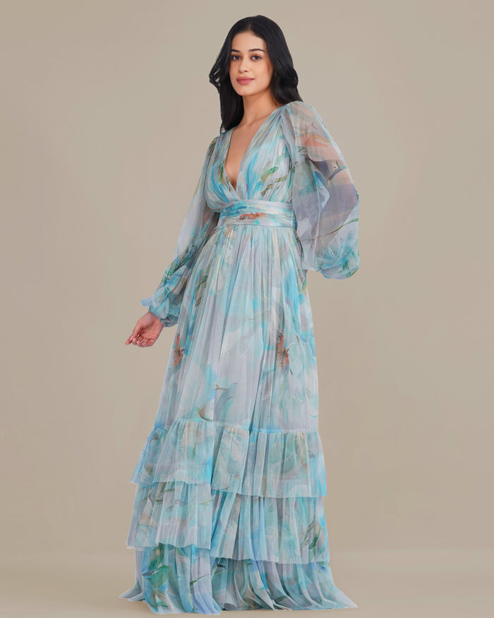 Long Sleeve Tulle Wrap Madison Maxi Dress in Blue Dahlia Print
