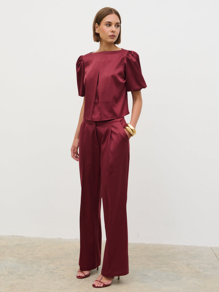 Soni Is 5'9" & Wears Size UK 6|Lorah Puff Sleeve Bonded Satin Top - Wine