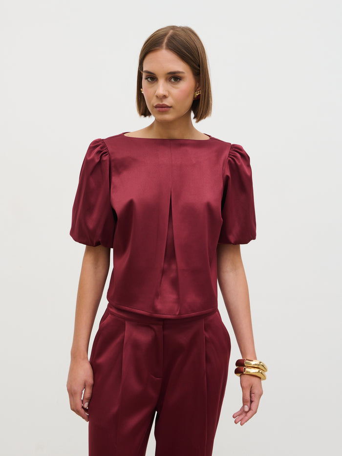 Soni Is 5'9" & Wears Size UK 6|Lorah Puff Sleeve Bonded Satin Top - Wine
