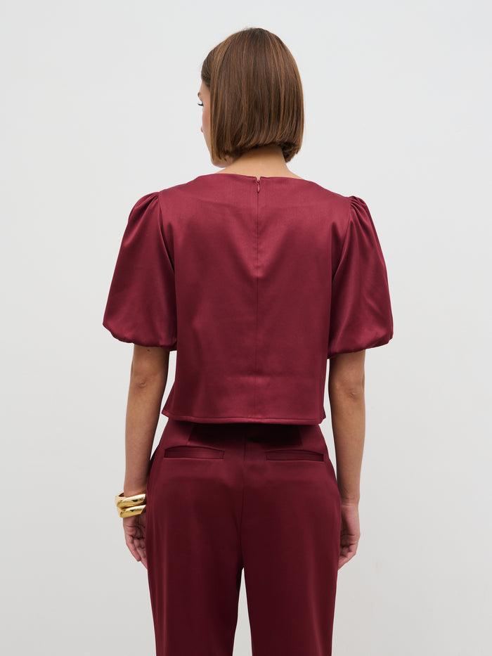 Soni Is 5'9" & Wears Size UK 6|Lorah Puff Sleeve Bonded Satin Top - Wine