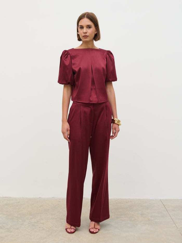 Soni Is 5'9" & Wears Size UK 6|Lorah Puff Sleeve Bonded Satin Top - Wine