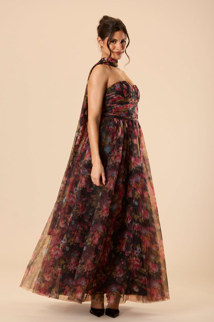 Corset Style Strapless Scarf Black Floral Print Tulle Wedding Guest Maxi Dress