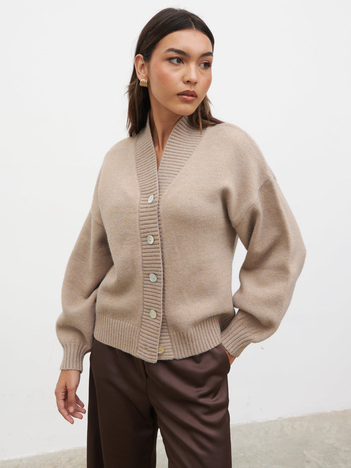 Lana is 5.9.5" & Wears Size UK S|Lorrie Chunky Knit Buttoned Bomber - Dark Beige