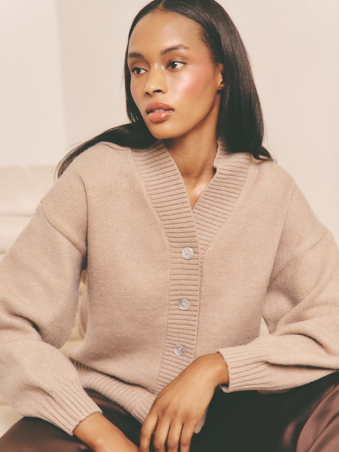 Lana is 5.9.5" & Wears Size UK S|Lorrie Chunky Knit Buttoned Bomber - Dark Beige
