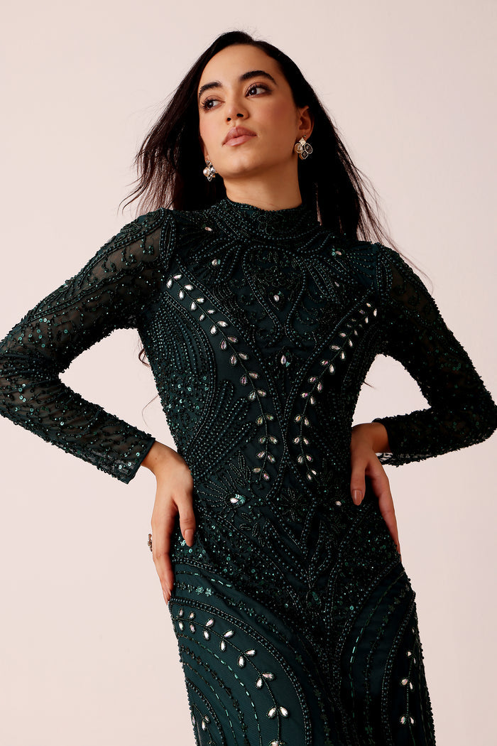 Lotus Embellished Maxi Dress in Emerald Green