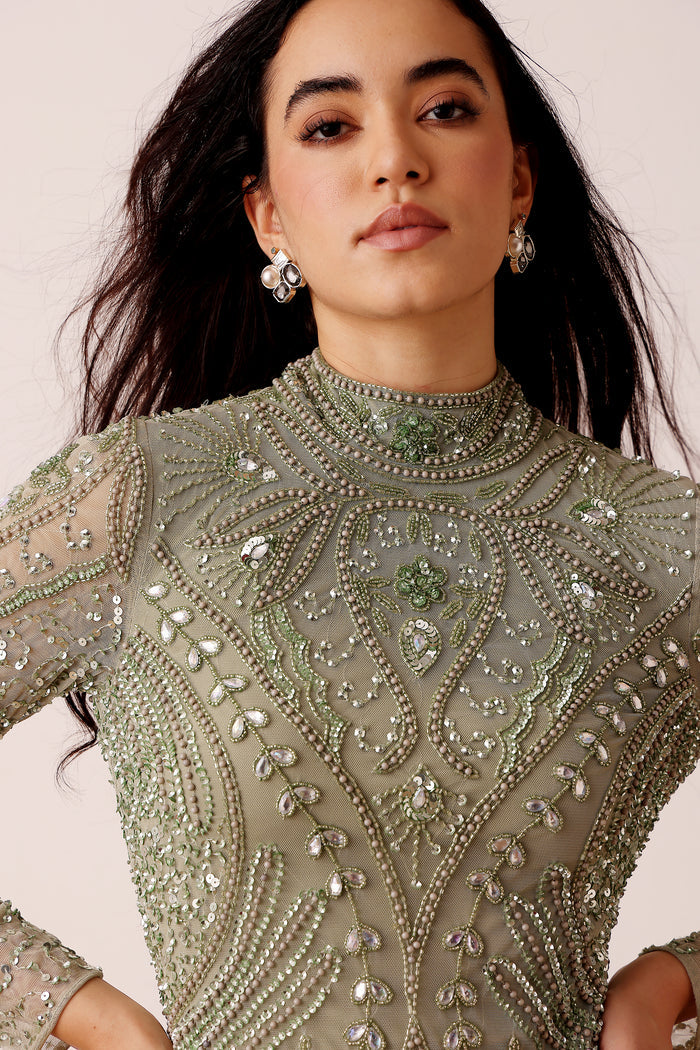 Lotus Embellished Maxi Dress in Sage Green
