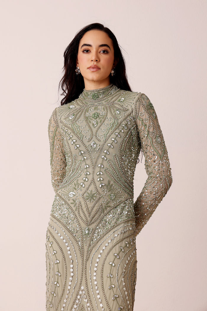 Lotus Embellished Maxi Dress in Sage Green
