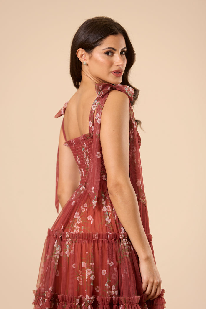 Louise Tulle Midi Dress in Brick Floral
