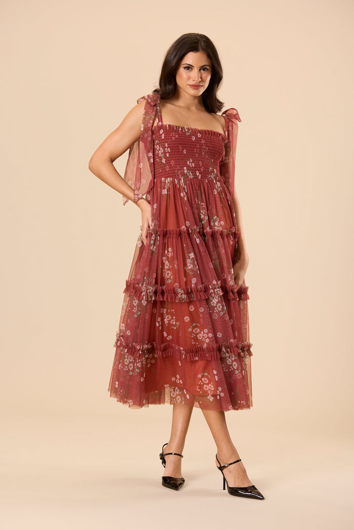 Brick Red Brown Floral Tulle Soft Mesh Tiered A-line Midi Dress Stretch Smocked Bodice
