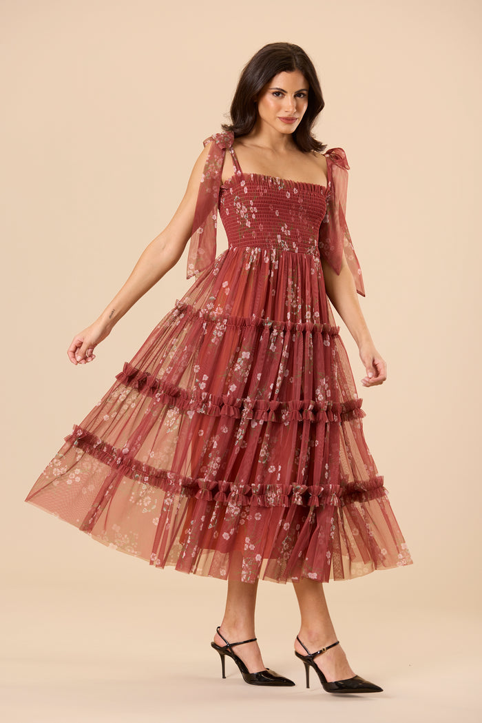 Louise Tulle Midi Dress in Brick Floral
