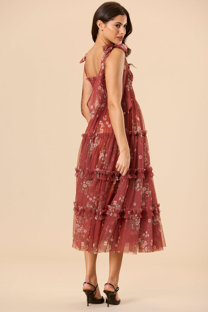 Louise Tulle Midi Dress in Brick Floral