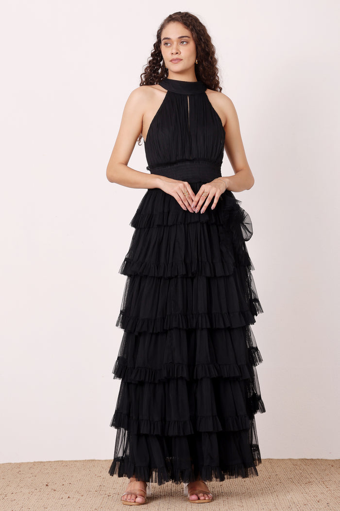 Sleeveless high neck tulle ruffle skirt maxi dress formal black wedding guest backless open back