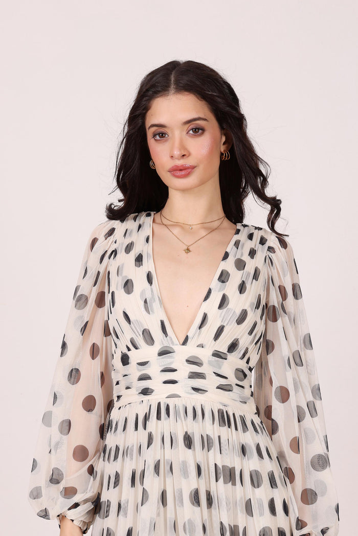 Lydia Maxi Dress in Cream and Black Polka Dot