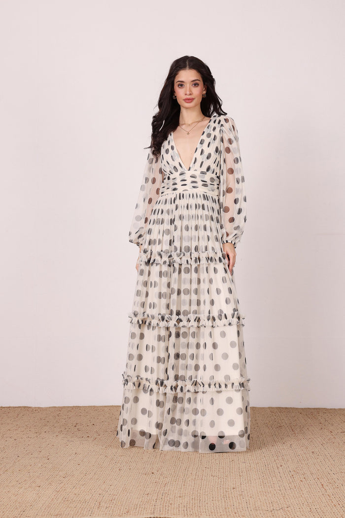 Lydia Maxi Dress in Cream and Black Polka Dot