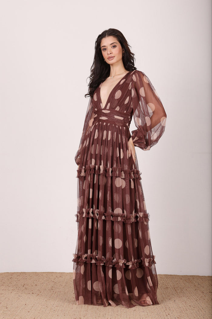 Tulle Mesh long sleeve polka dot brown beige maxi dress formal evening