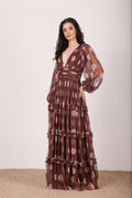 Tulle Mesh long sleeve polka dot brown beige maxi dress formal evening