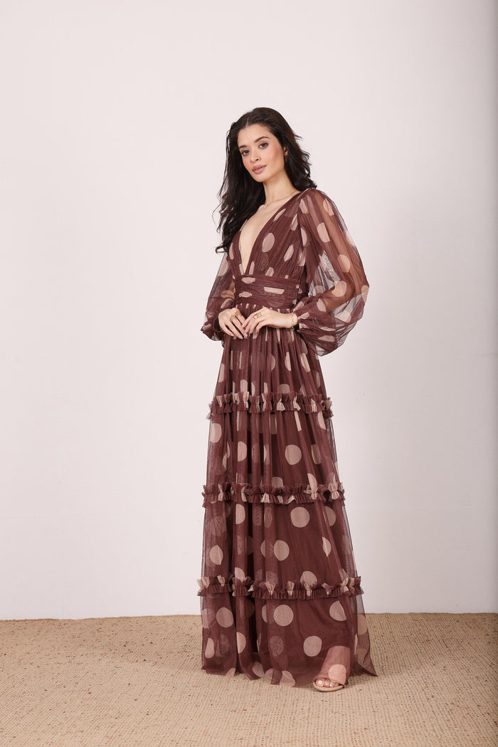 Lydia Maxi Dress in Mahogany Brown and Beige Polka Dot