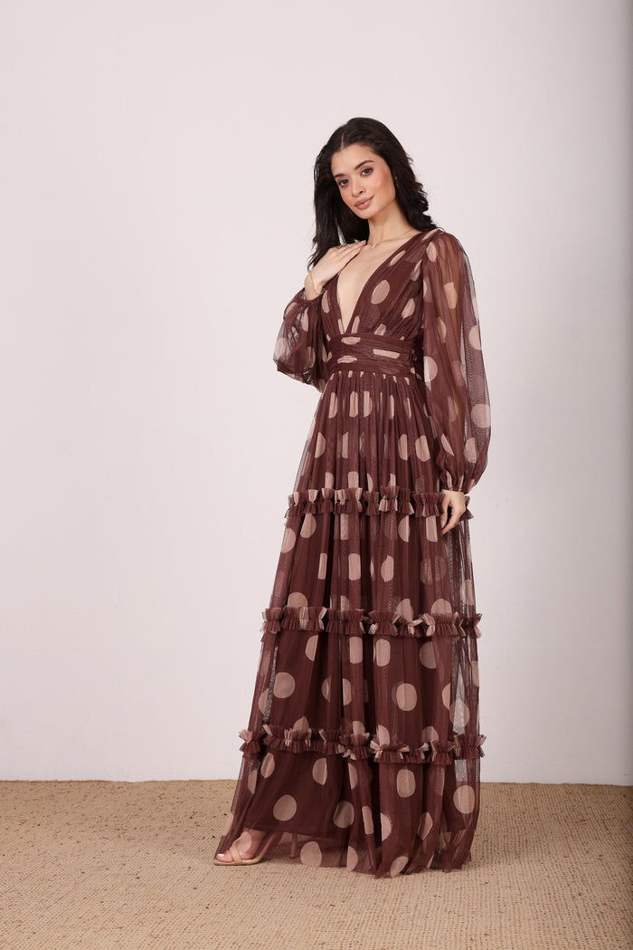 Lydia Maxi Dress in Mahogany Brown and Beige Polka Dot