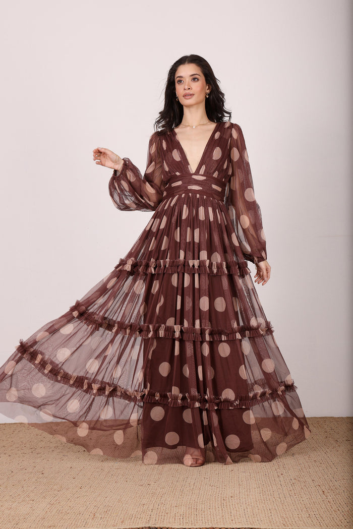 Lydia Maxi Dress in Mahogany Brown and Beige Polka Dot
