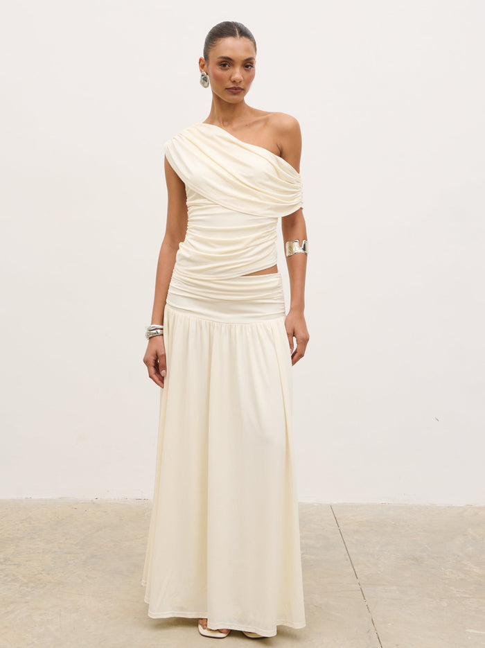 Lana is 5'9.5" & Wears Size UK 8|Lydia Ruched Jersey Top - Cream