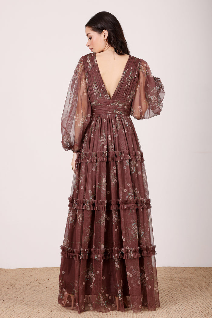 Lydia Tulle Maxi Dress in Mahogany Brown Floral