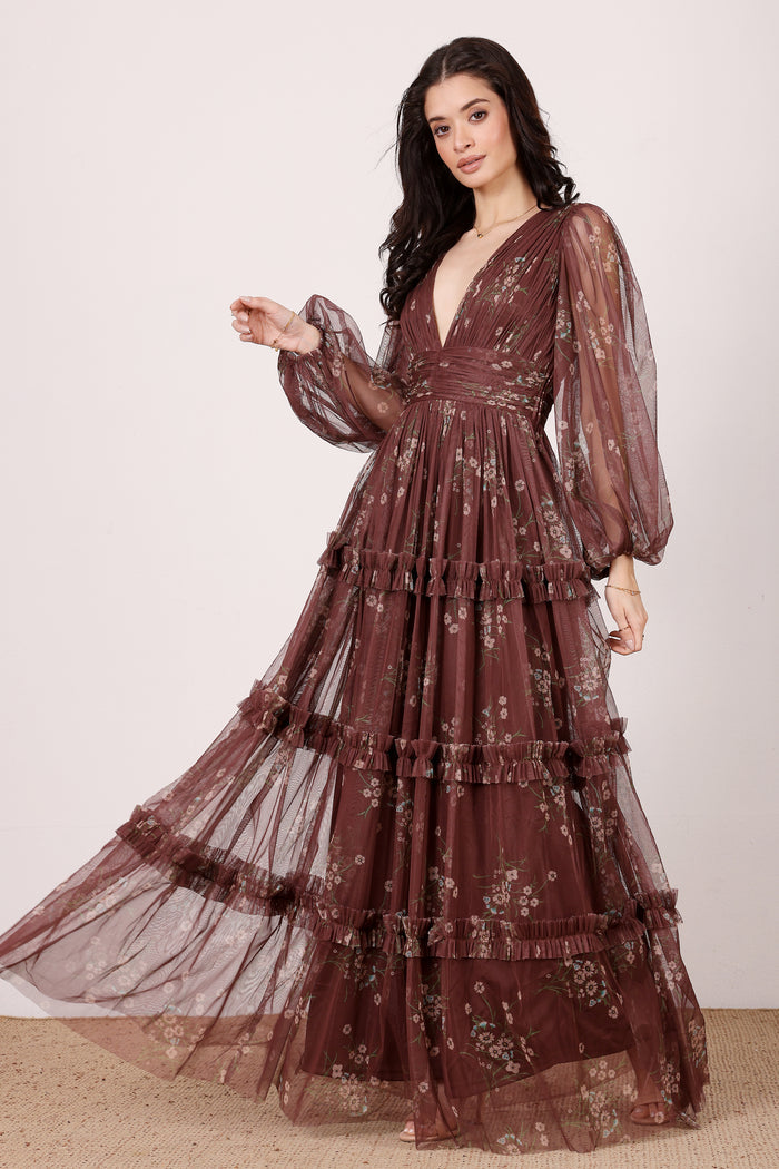 Lydia Tulle Maxi Dress in Mahogany Brown Floral