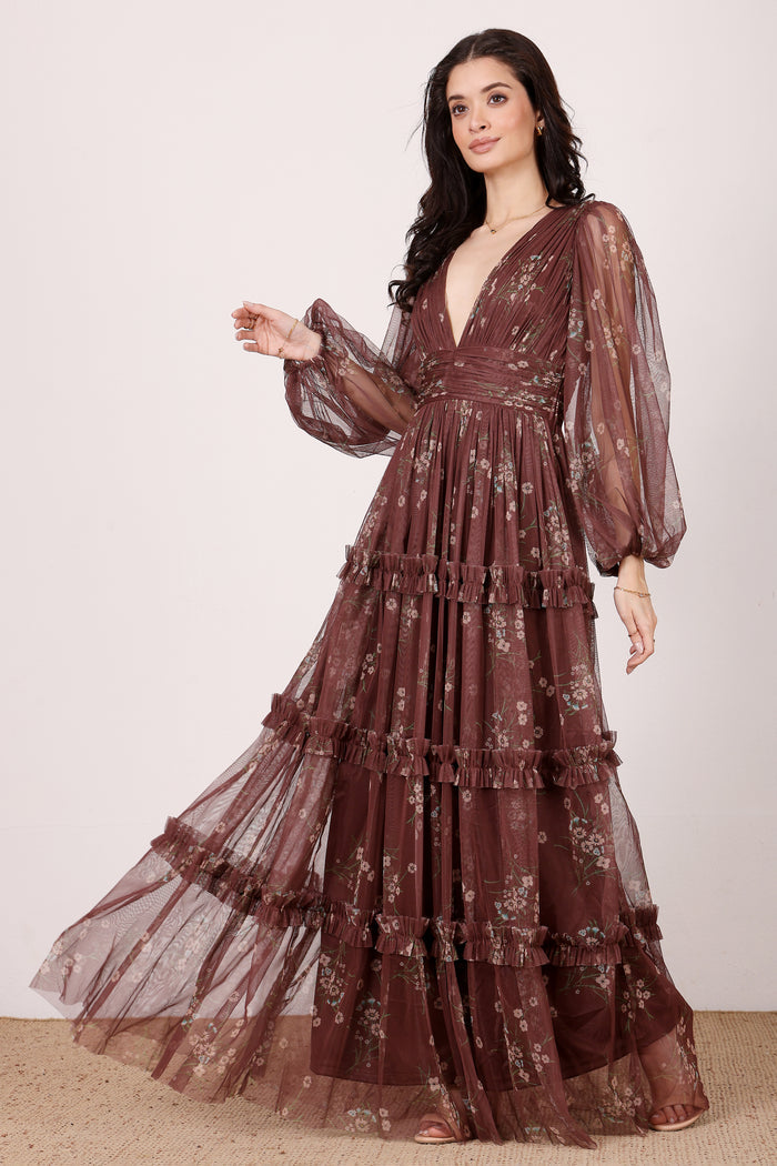 Lydia Tulle Maxi Dress in Mahogany Brown Floral