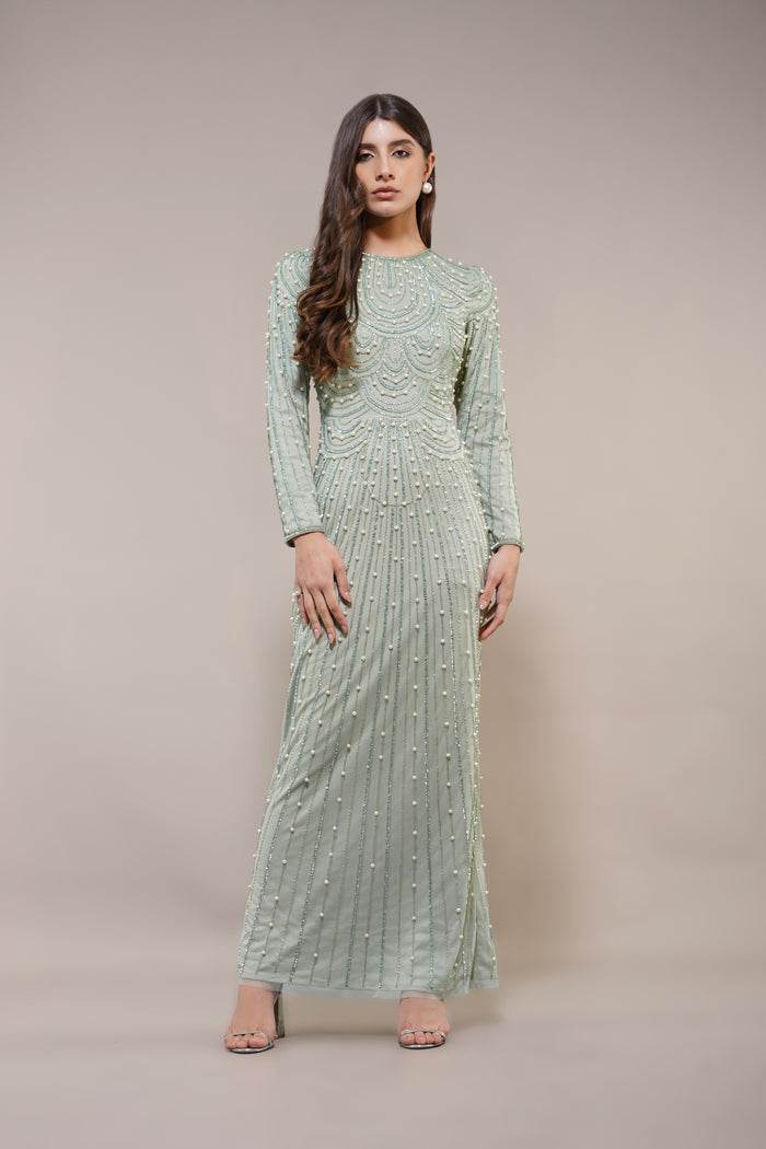 Embellished sequin pearl long-sleeve modest maxi dress sage pistachio green
