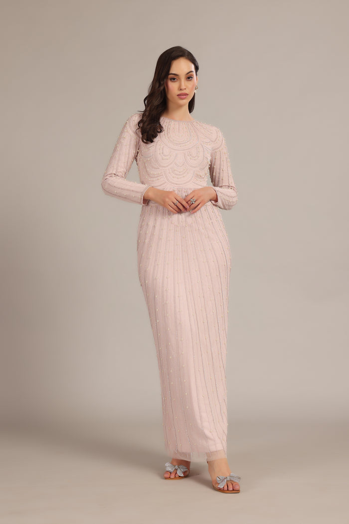 Embellished sequin pearl long-sleeve modest maxi dress powder pink