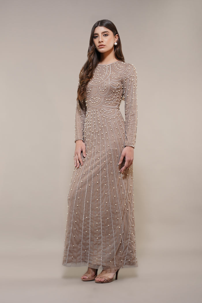 Taupe Maxi Embellished Dress Modest Long-sleeve Pearl