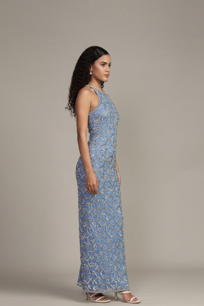 Maddox Embellished Maxi Dress in Powder Blue