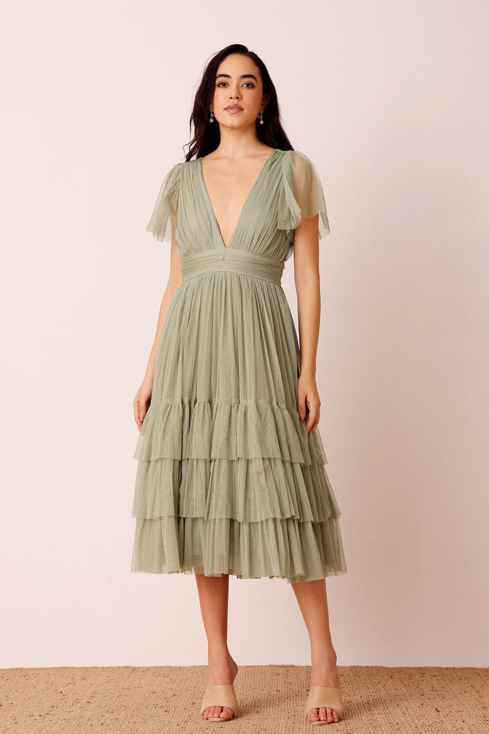 Bridesmaid wedding guest dusty sage green fluttersleeve cinched waist dress