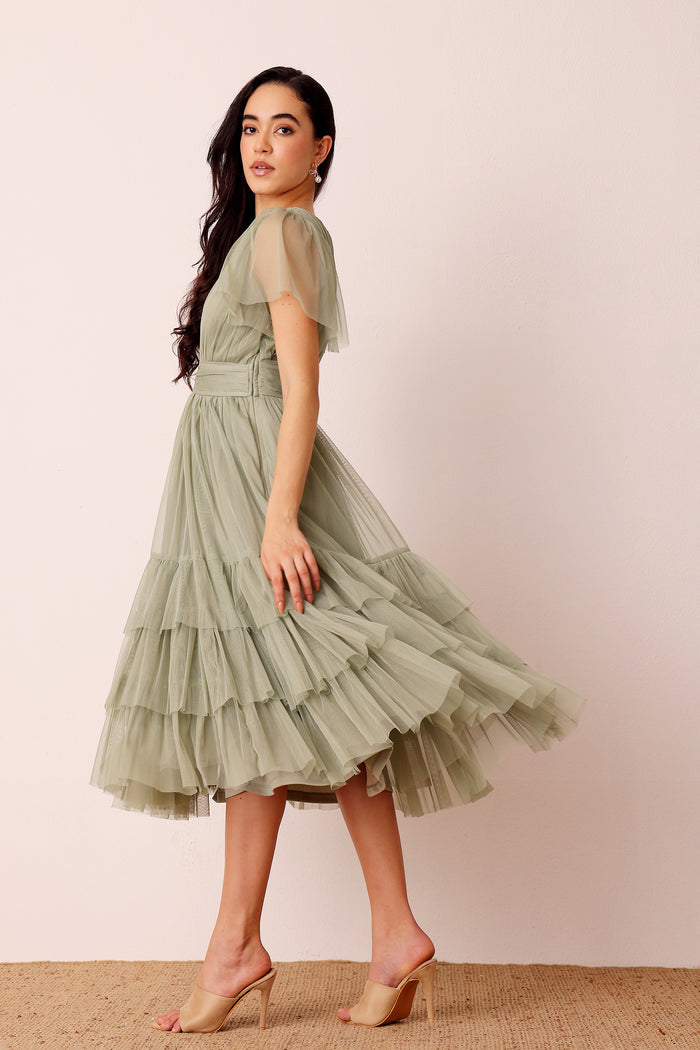 Madison Dusty Sage Tulle Bridesmaid Midi Dress