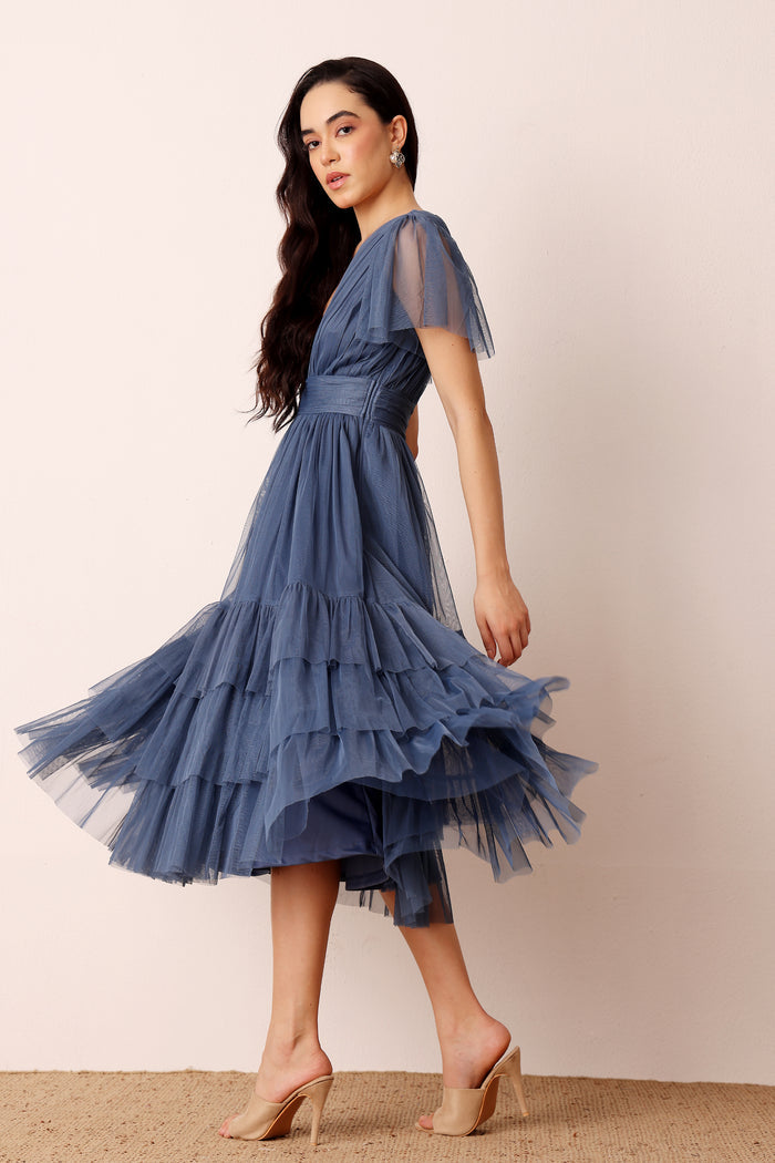 Madison Ethereal Blue Tulle Midi Bridesmaid Dress