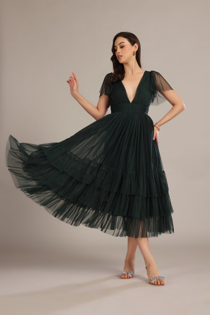 Madison Forest Green Tulle Midi Bridesmaid Dress