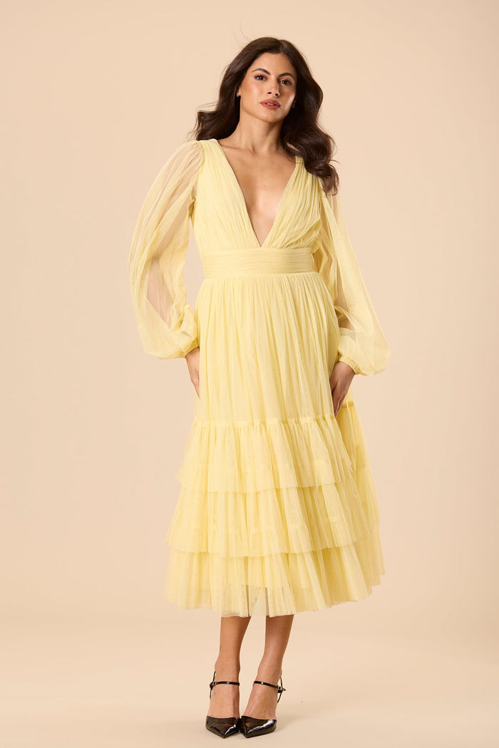 Madison Long Sleeve Tulle Midi Dress in Buttercup