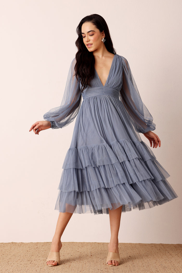 Madison Long Sleeve Tulle Midi Dress in Dusty Blue