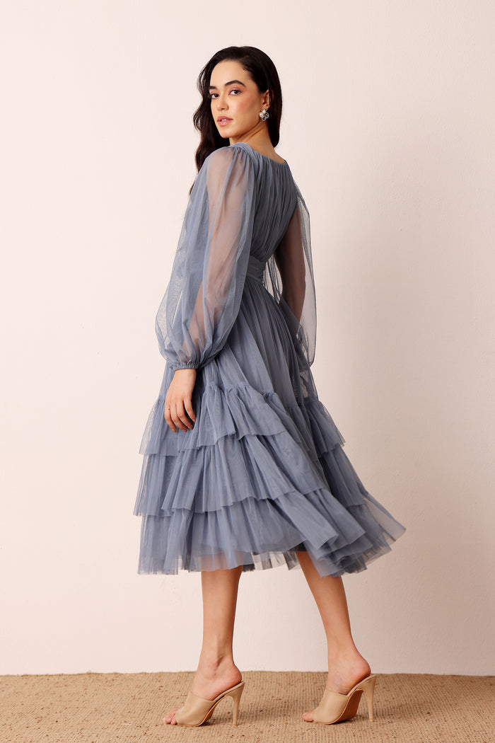 Madison Long Sleeve Tulle Midi Dress in Dusty Blue