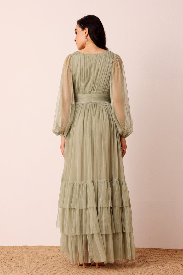 Madison Long Sleeve Tulle Wrap Maxi Dress in Dusty Sage
