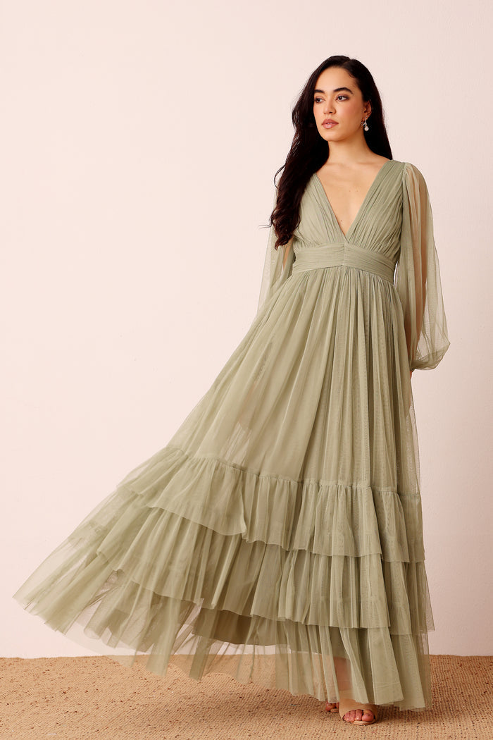 Madison Long Sleeve Tulle Wrap Maxi Dress in Dusty Sage