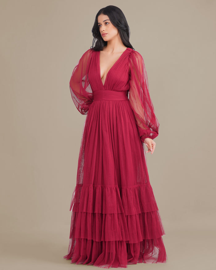Madison Long Sleeve Tulle Wrap Maxi Dress in Raspberry