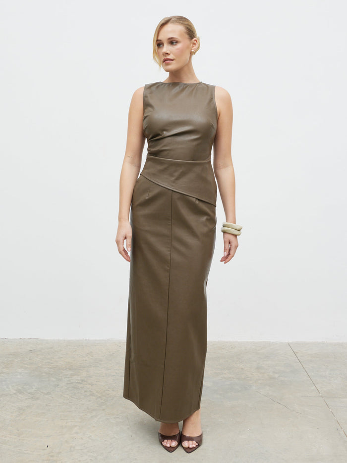 Harriet is 5'8" & Wears Size UK 8|Maeve Faux Leather Maxi Skirt - Khaki