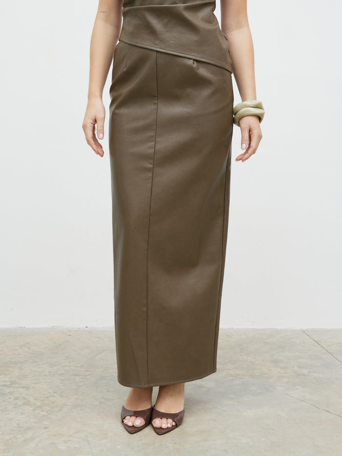 Harriet is 5'8" & Wears Size UK 8|Maeve Faux Leather Maxi Skirt - Khaki
