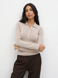 Lygia Is 5'9" & Wears Size UK S|Marione Button Down Knit Polo Top - Beige