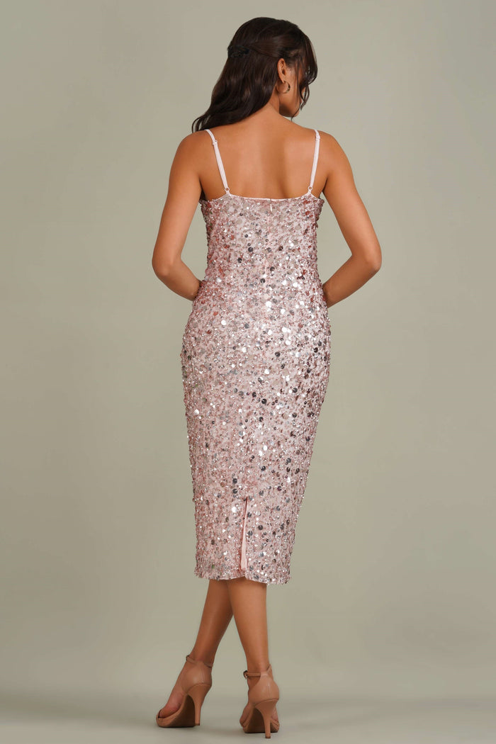 Marita Embellished Midi Dress in Rose Gold