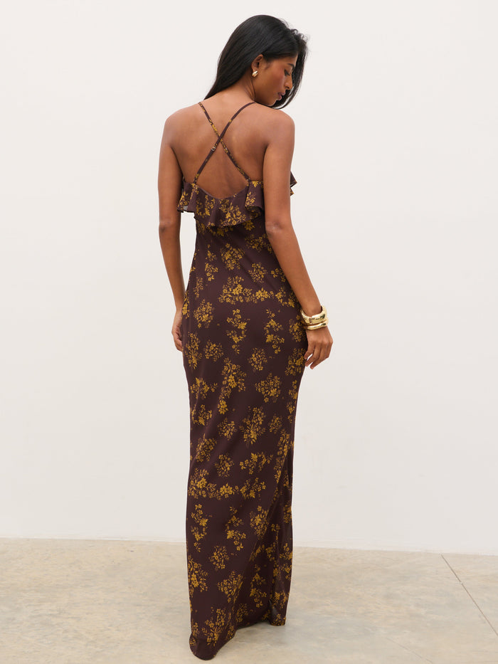 Kavita is 5'7" & Wears Size UK 6|Marlowe Corsage Ruffle Maxi Dress - Brown and Orange Ditsy Floral
